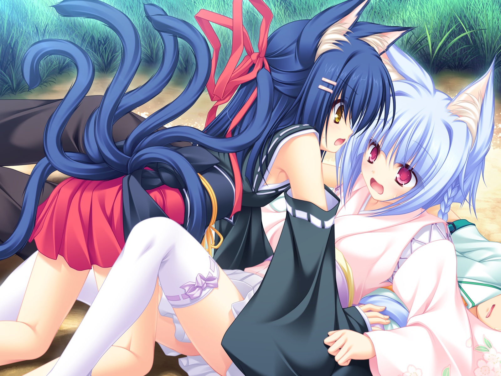 animal_ears, blue_hair, catgirl, game_cg, kiryuu_hina, kiryuu_sakuya, mikagami_mamizu, multiple_tails, neko_koi, tail, thighhighs, whirlpool