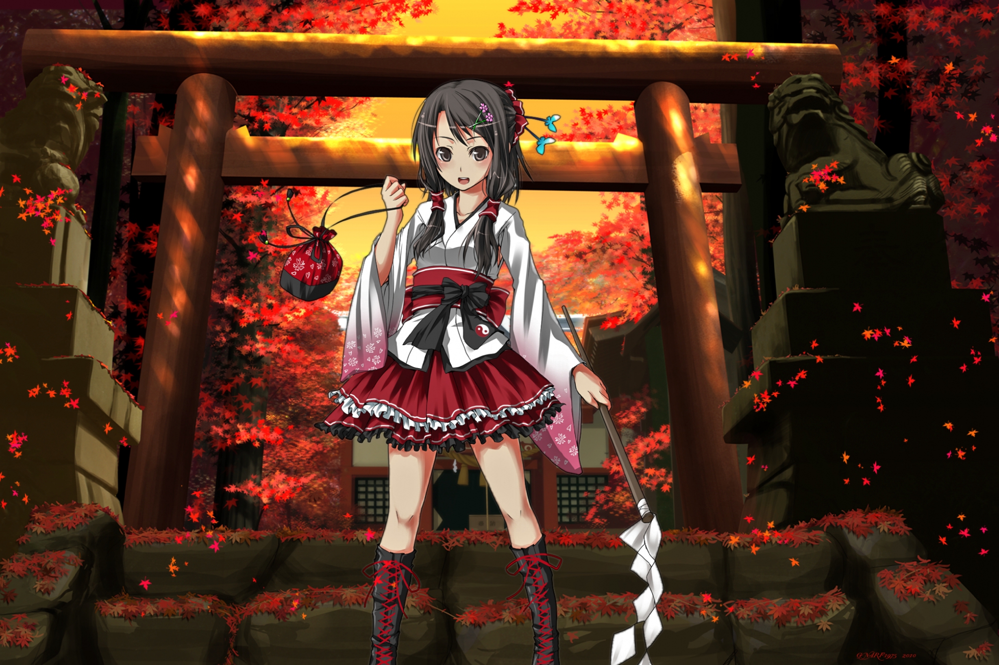 autumn, black_eyes, black_hair, boots, bow, hakurei_reimu, japanese_clothes, kitsupon, leaves, lolita_fashion, long_hair, skirt, tagme_(artist), third-party_edit, torii, touhou, tree, watermark