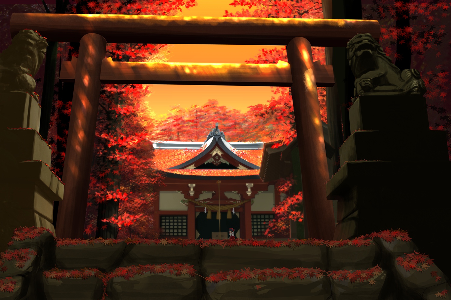 autumn, building, hakurei_reimu, japanese_clothes, kitsupon, landscape, leaves, miko, scenic, shrine, stairs, torii, touhou, tree