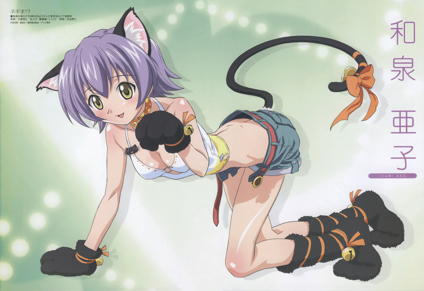 animal_ears, bell, blush, catgirl, collar, izumi_ako, mahou_sensei_negima, purple_hair