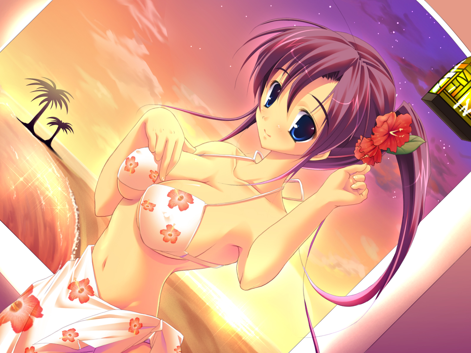 beach, bikini, blue_eyes, breasts, cleavage, clouds, erect_nipples, flowers