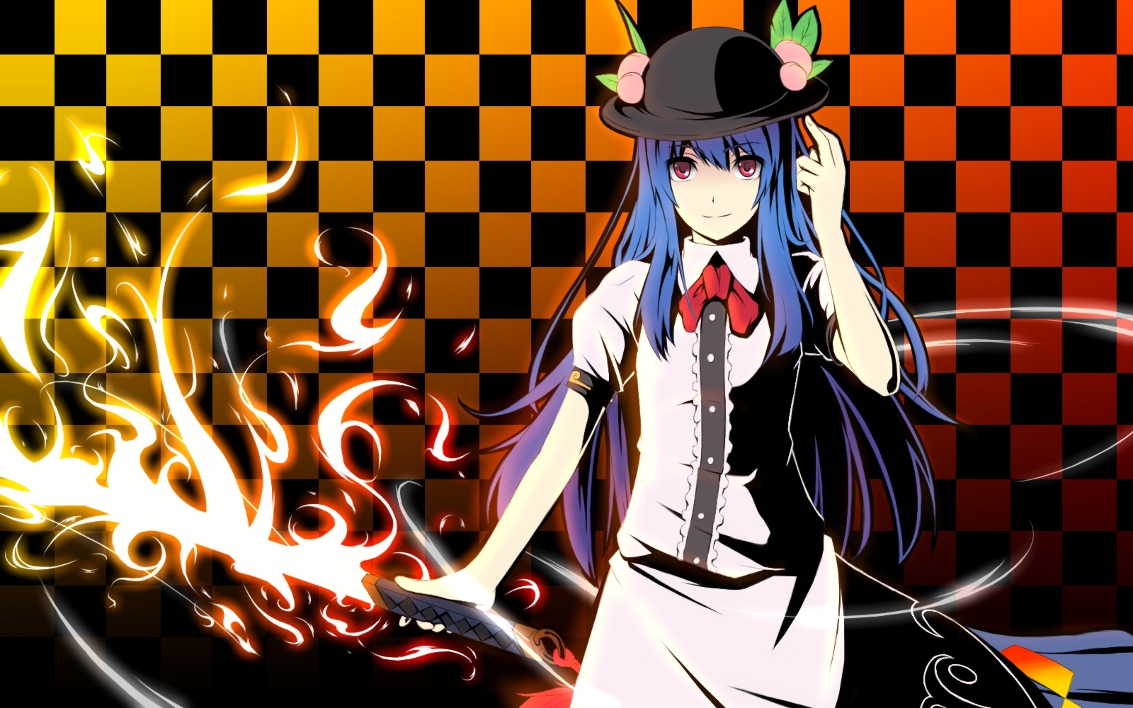 blue_hair, dress, fire, food, fruit, gayprince, hat, hinanawi_tenshi