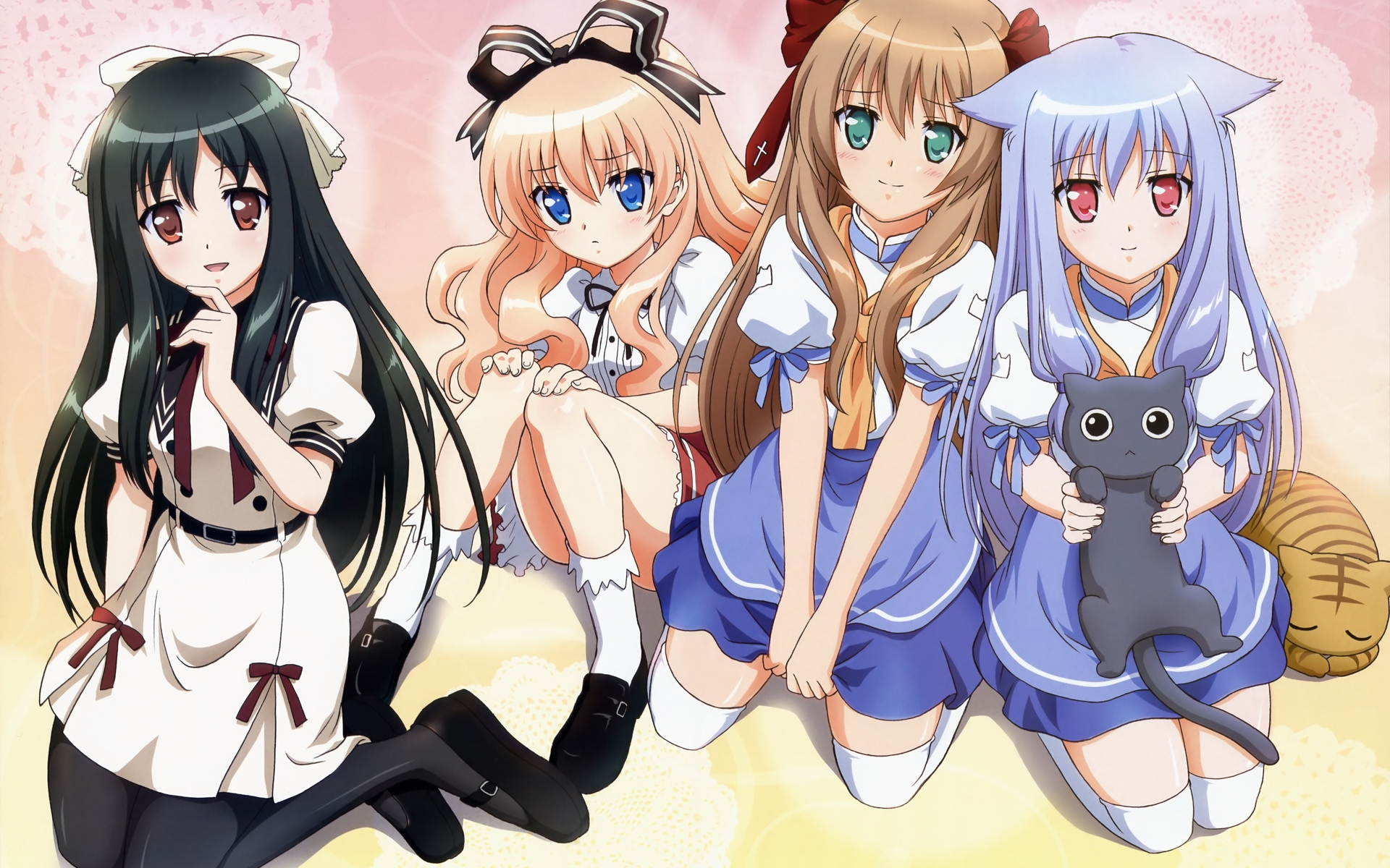 animal, cat, chikumaen_kaho, kiriya_nozomi, kusakabe_chizuko, mayoi_neko_overrun!, pantyhose, serizawa_fumino, thighhighs, umenomori_chise