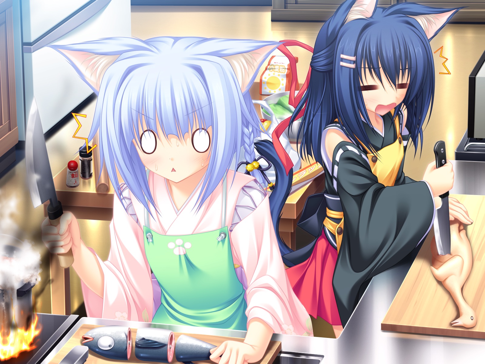 animal, animal_ears, apron, bell, blue_hair, bow, catgirl, fire
