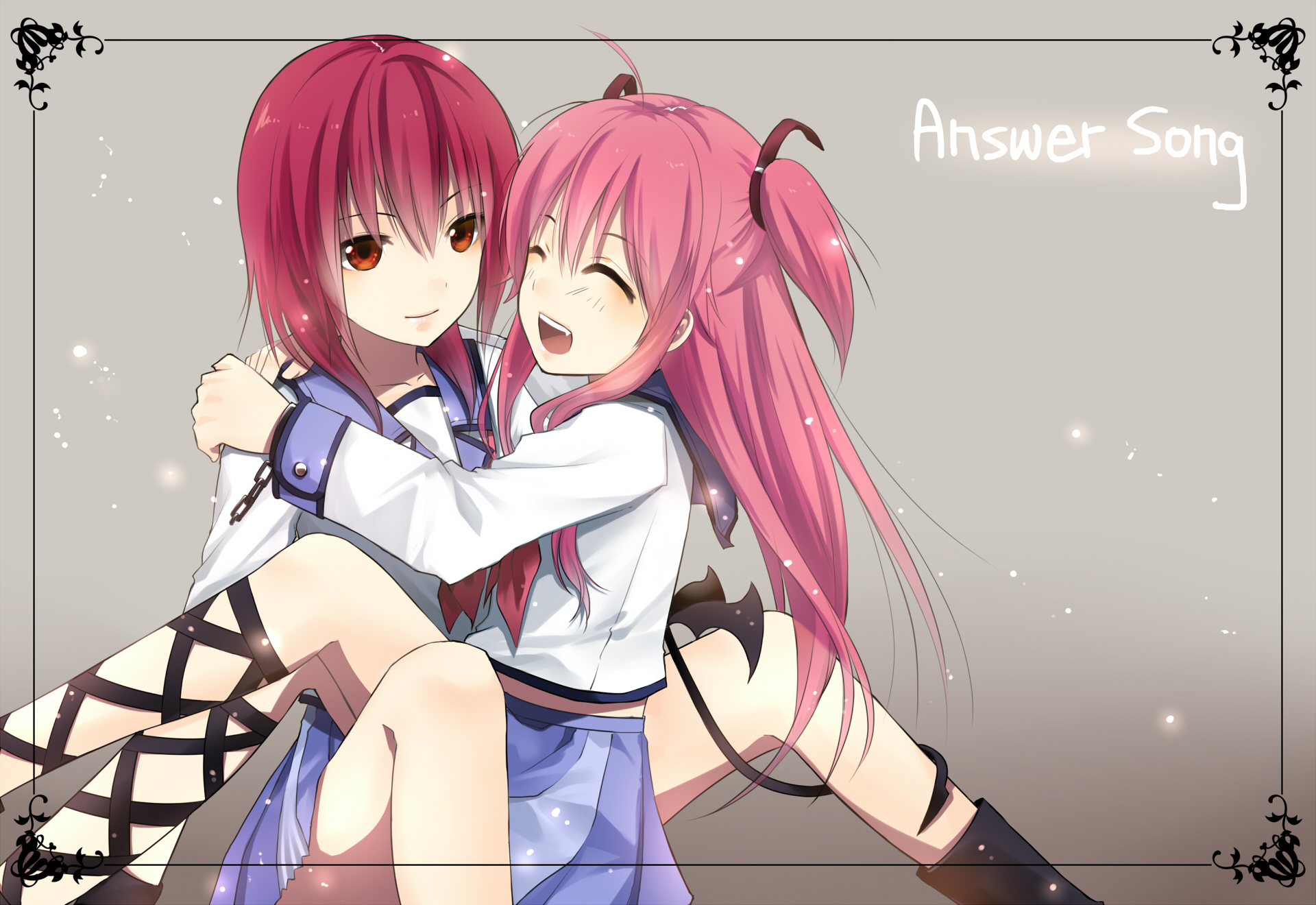 angel_beats!, iwasawa_masami, masiroke, pink_hair, red_hair, school_uniform, yui_(angel_beats!)