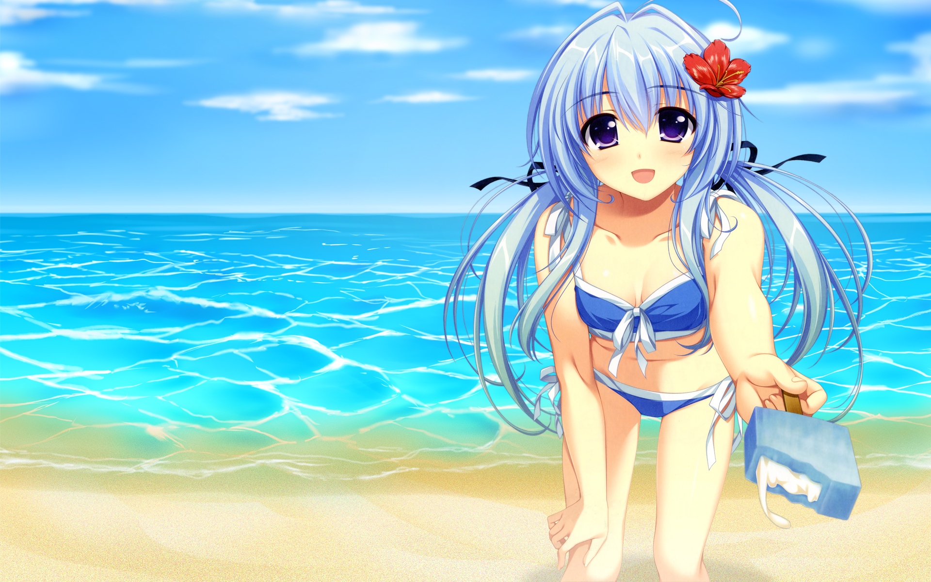 alpha_(alpha91), beach, bikini, blue_hair, flowers, food, ice_cream, okiba_ga_nai!, purple_eyes, sky, swimsuit, syanon, twintails