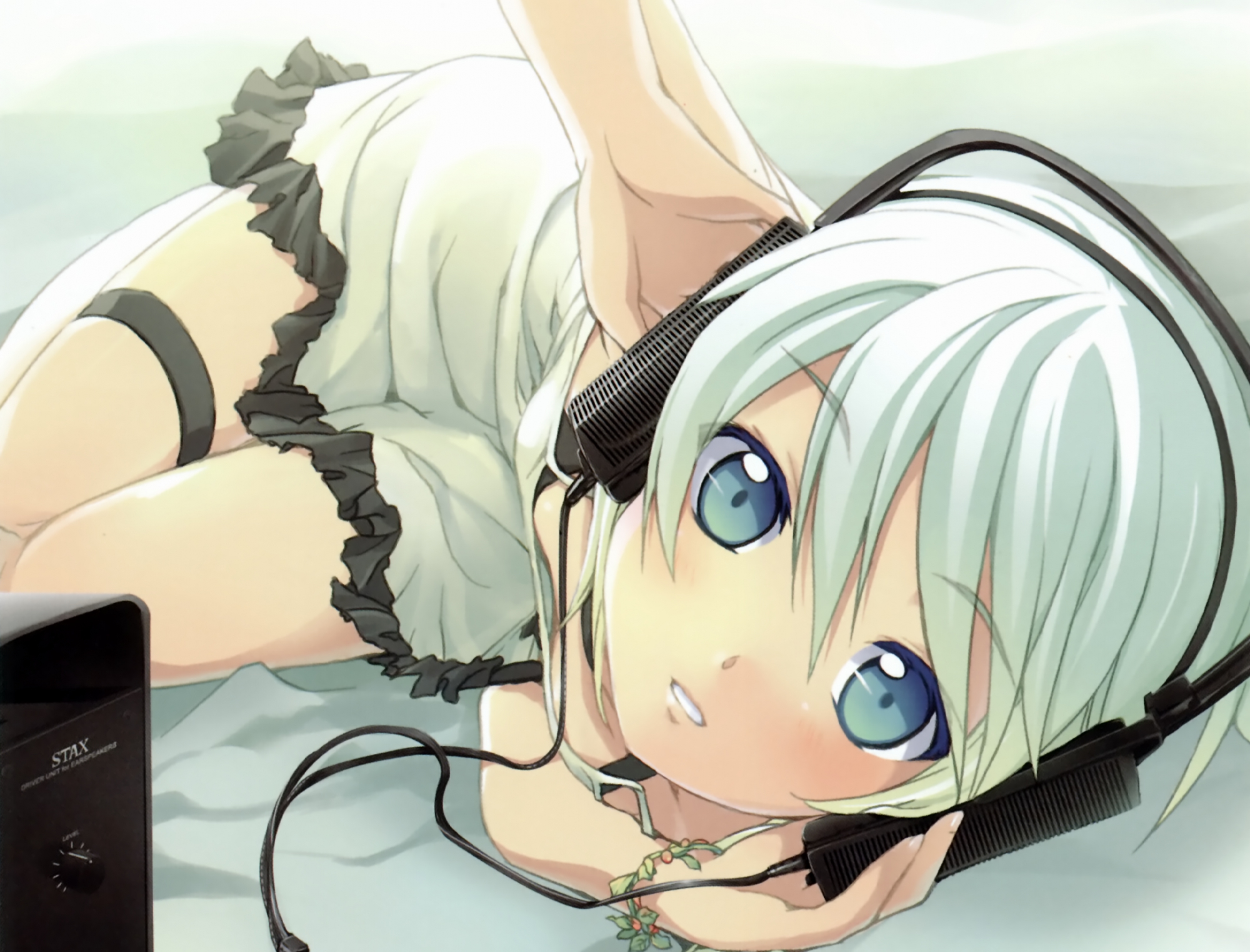 bed, blue_eyes, close, cropped, dress, garter, headphones, minamura_halki, original, scan, white_hair, wristwear