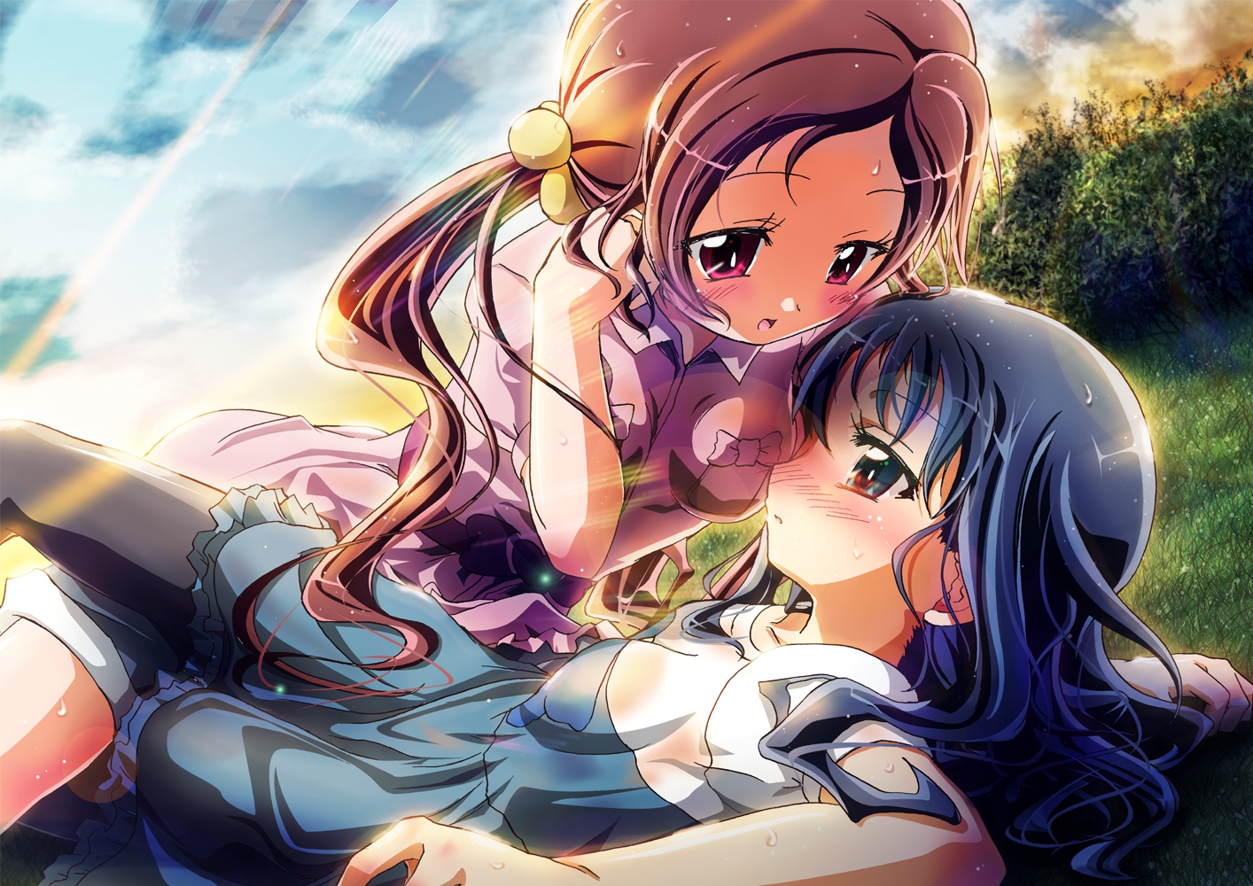blue_hair, blush, brown_hair, dress, hanasaki_tsubomi, heartcatch_precure!, inoshishi, kurumi_erika