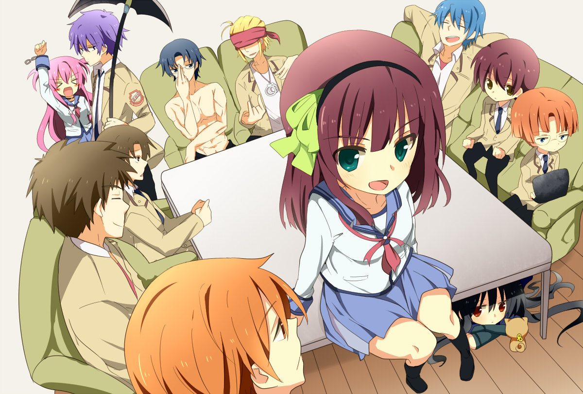 angel_beats!, fujimaki, glasses, hinata_hideki, hizuno, long_hair, matsushita, nakamura_yuri, noda, ooyama, otonashi_yuzuru, ribbons, school_uniform, shiina, short_hair, skirt, takamatsu, takeyama, tk, twintails, weapon, yui_(angel_beats!)