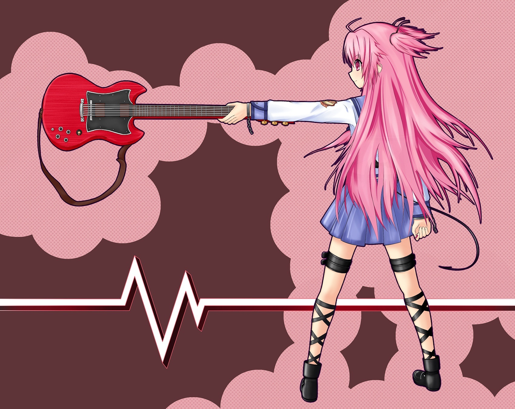 angel_beats!, guitar, instrument, masiroke, school_uniform, skirt, tail, yui_(angel_beats!)