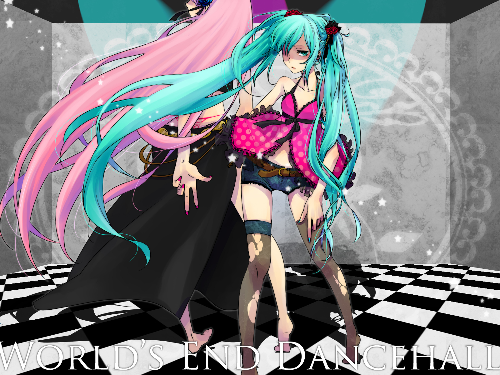 blue_hair, hatsune_miku, megurine_luka, pink_hair, shorts, thighhighs, twintails, vocaloid