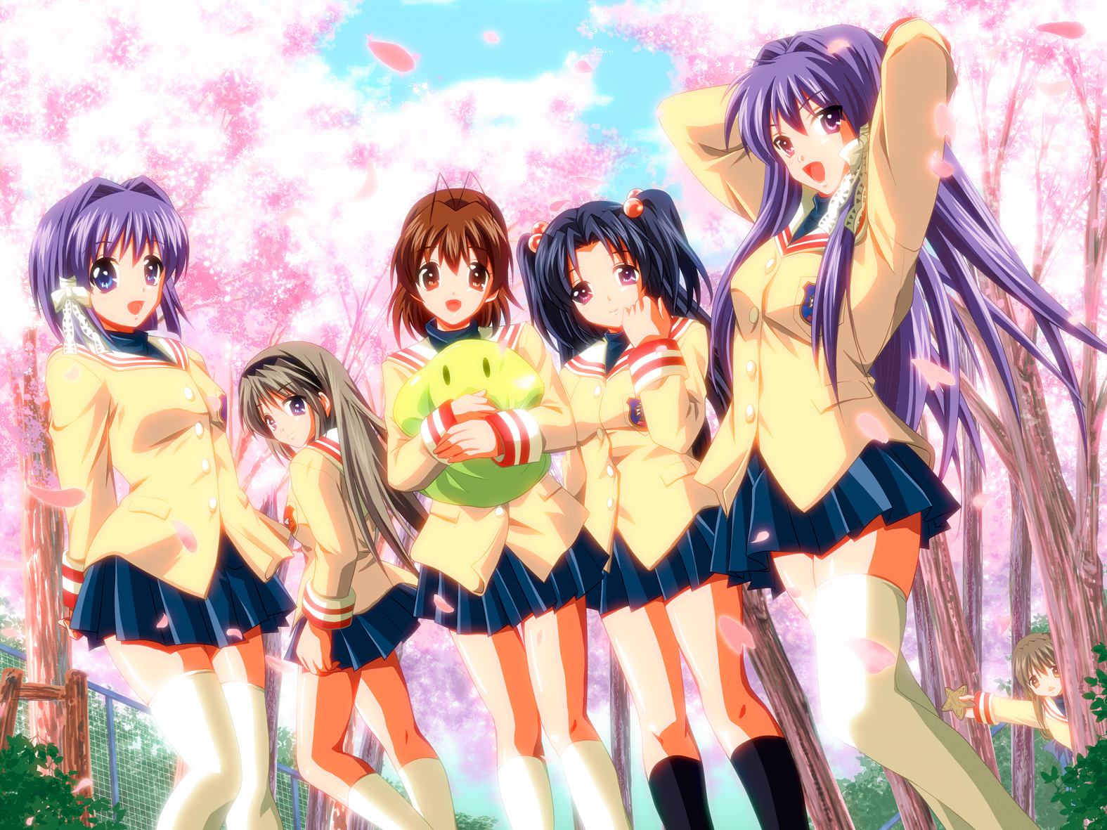 cherry_blossoms, clannad, dango_(clannad), flowers, fujibayashi_kyou, fujibayashi_ryou, furukawa_nagisa, group, ibuki_fuuko, ichinose_kotomi, long_hair, sakagami_tomoyo, school_uniform, twins