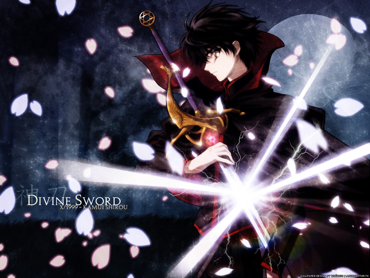all_male, black_hair, clamp, male, petals, shirou_kamui, sword, weapon