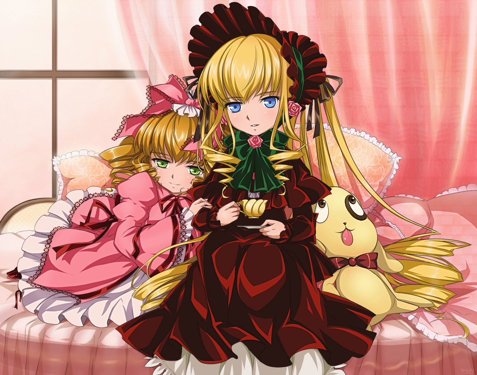 bed, blonde_hair, blue_eyes, bow, green_eyes, hina_ichigo, kunkun, long_hair
