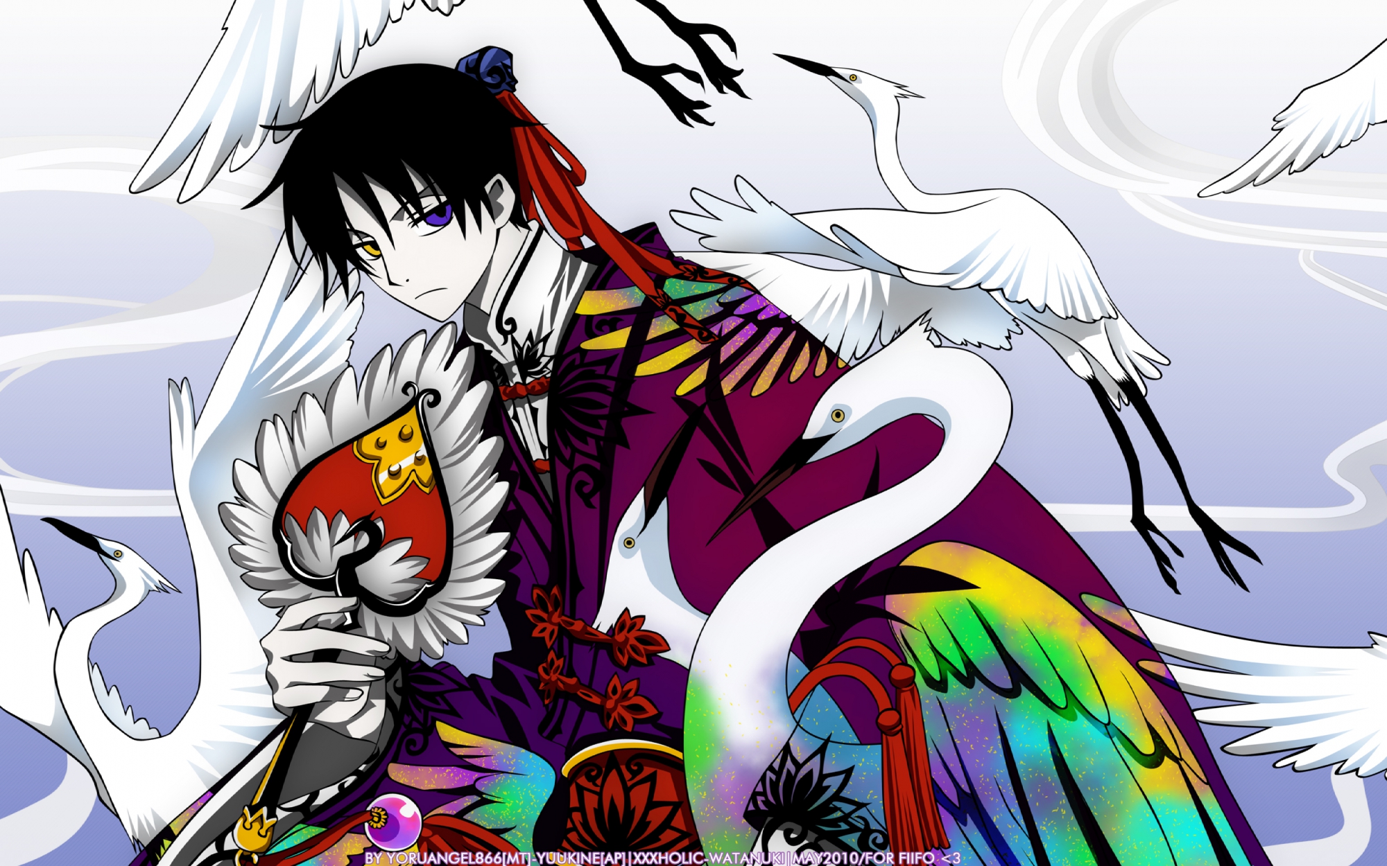 all_male, animal, bicolored_eyes, bird, black_hair, clamp, fan, male
