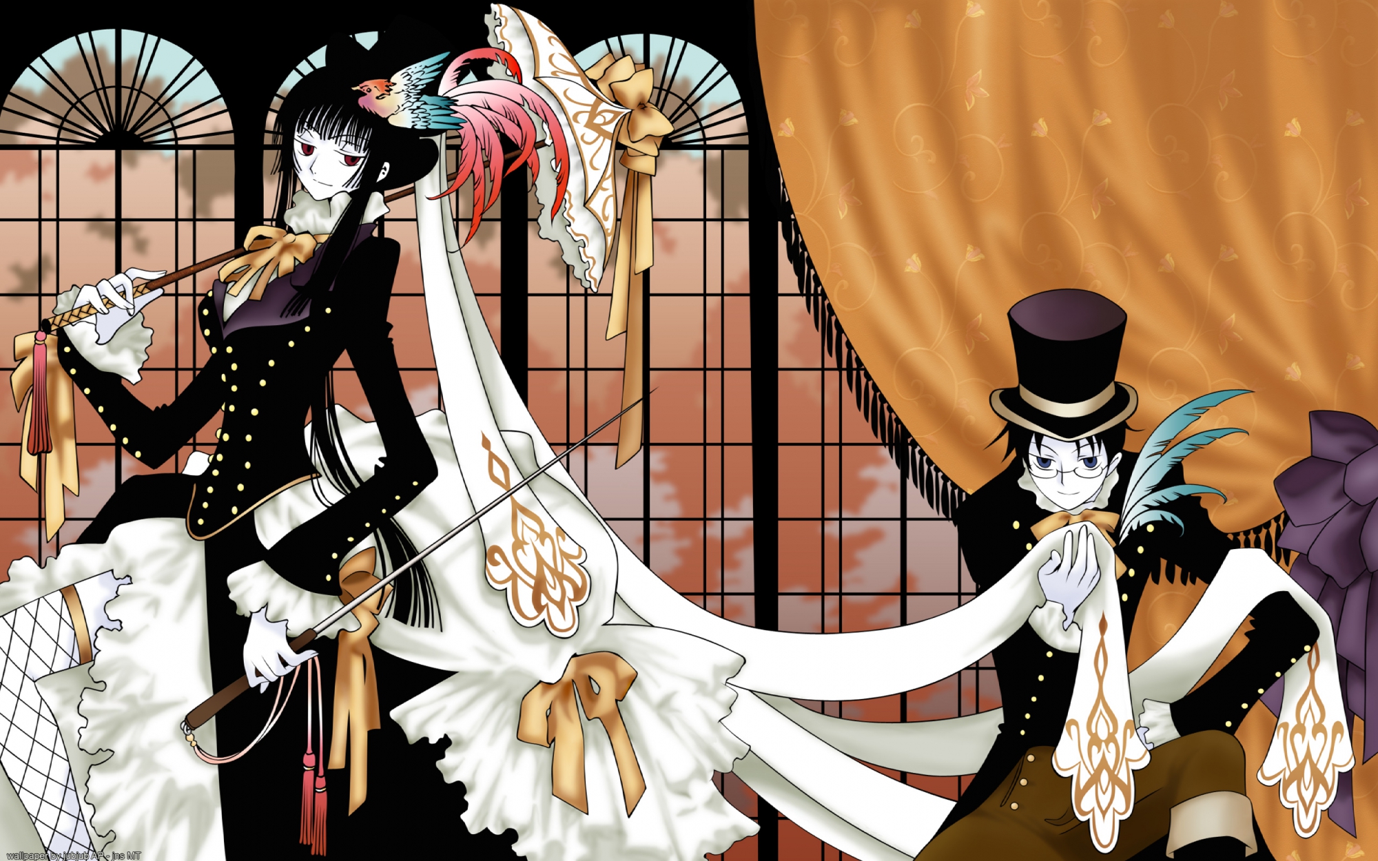 black_hair, blue_eyes, bow, clamp, feathers, glasses, hat, ichihara_yuuko