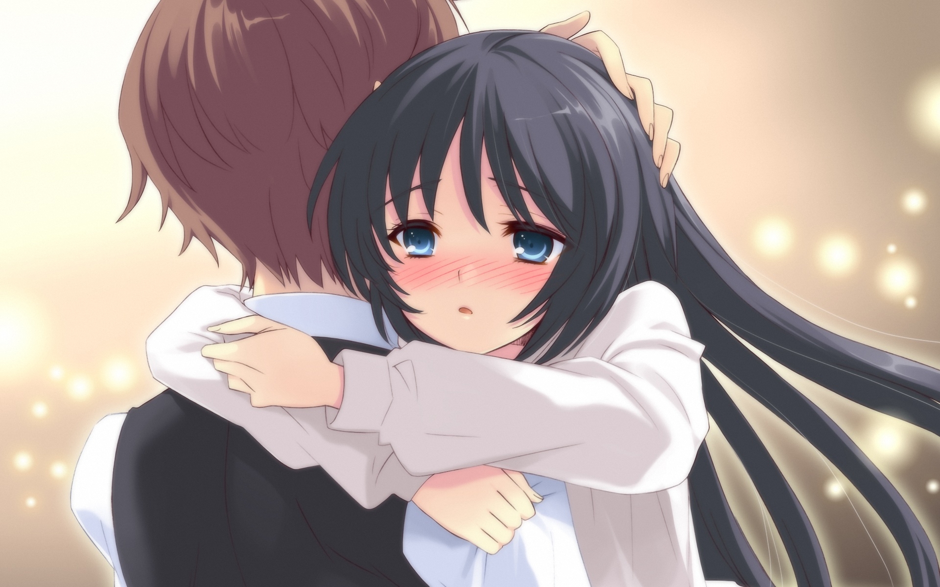 black_hair, blue_eyes, blush, flyable_heart, hug, itou_noiji, katsuragi_syo, kimi_no_nagori_wa_shizuka_ni_yurete