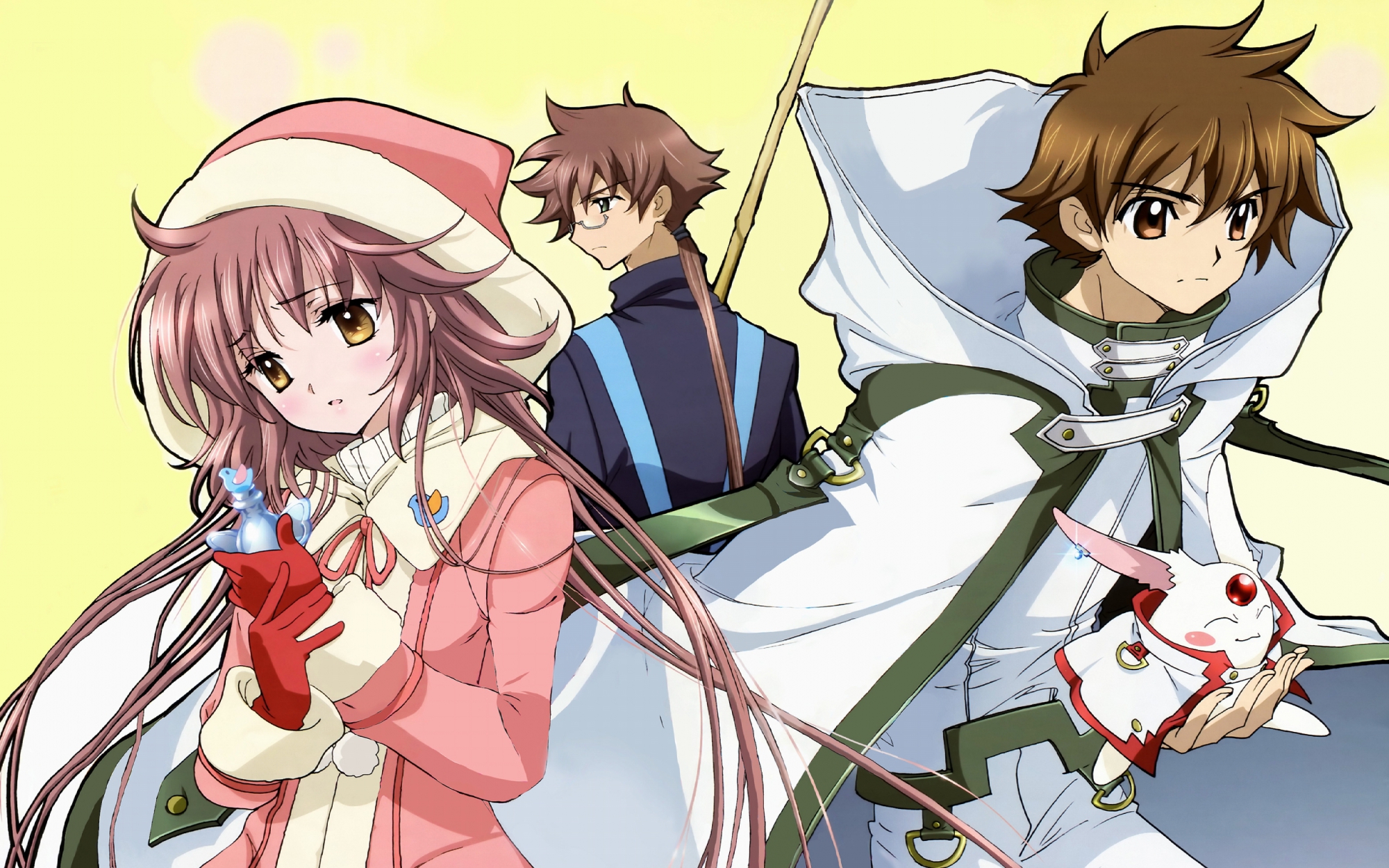 brown_eyes, brown_hair, crossover, fujimoto_kiyokazu, glasses, gloves, green_eyes, group, hanato_kobato, hood, katou_hiromi, kobato, long_hair, male, mokona, pink_hair, ponytail, scan, short_hair, syaoran, tsubasa_reservoir_chronicle