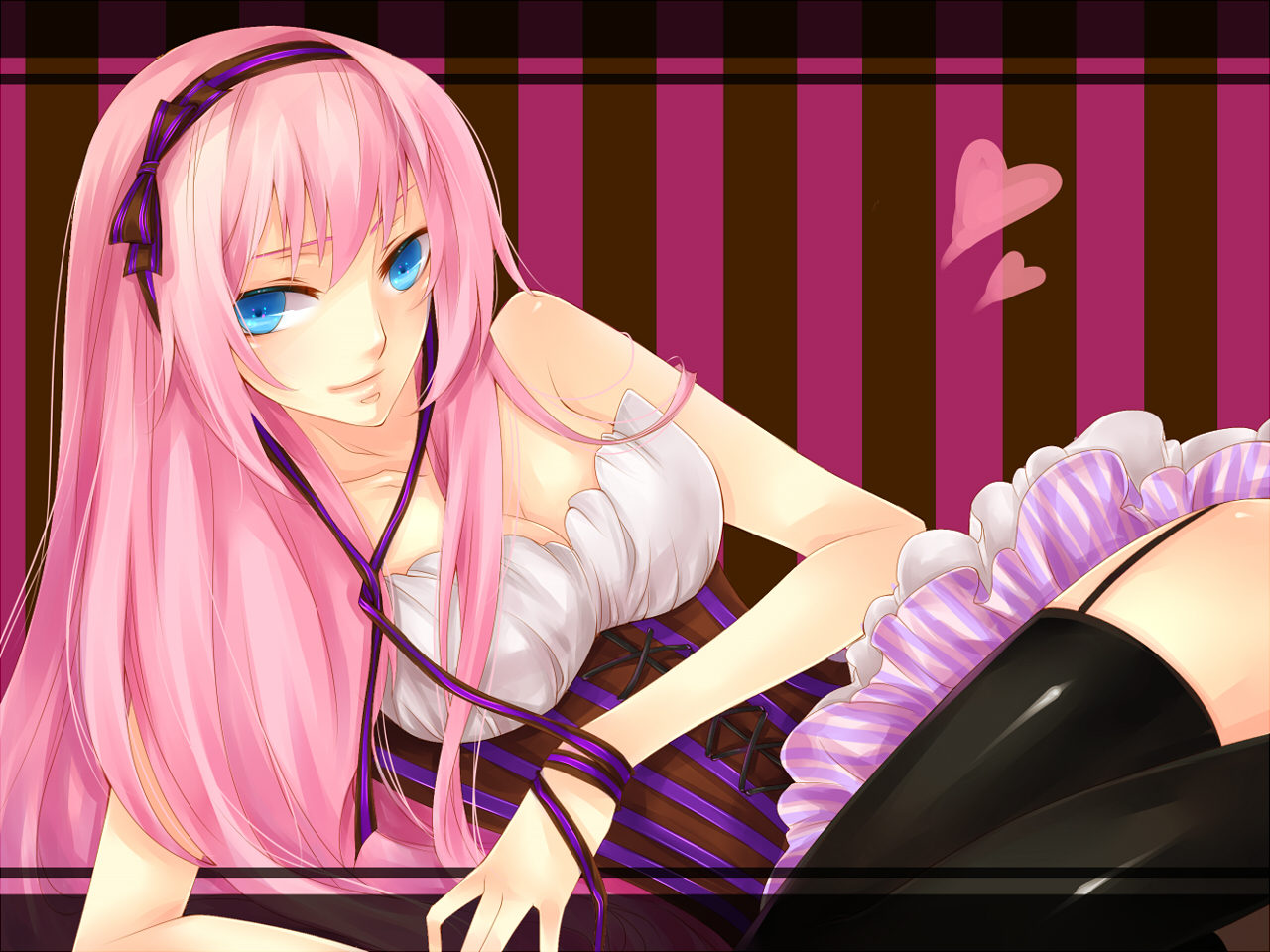 blue_eyes, corset, megurine_luka, natsuki0910, pink_hair, ribbons, thighhighs, vocaloid
