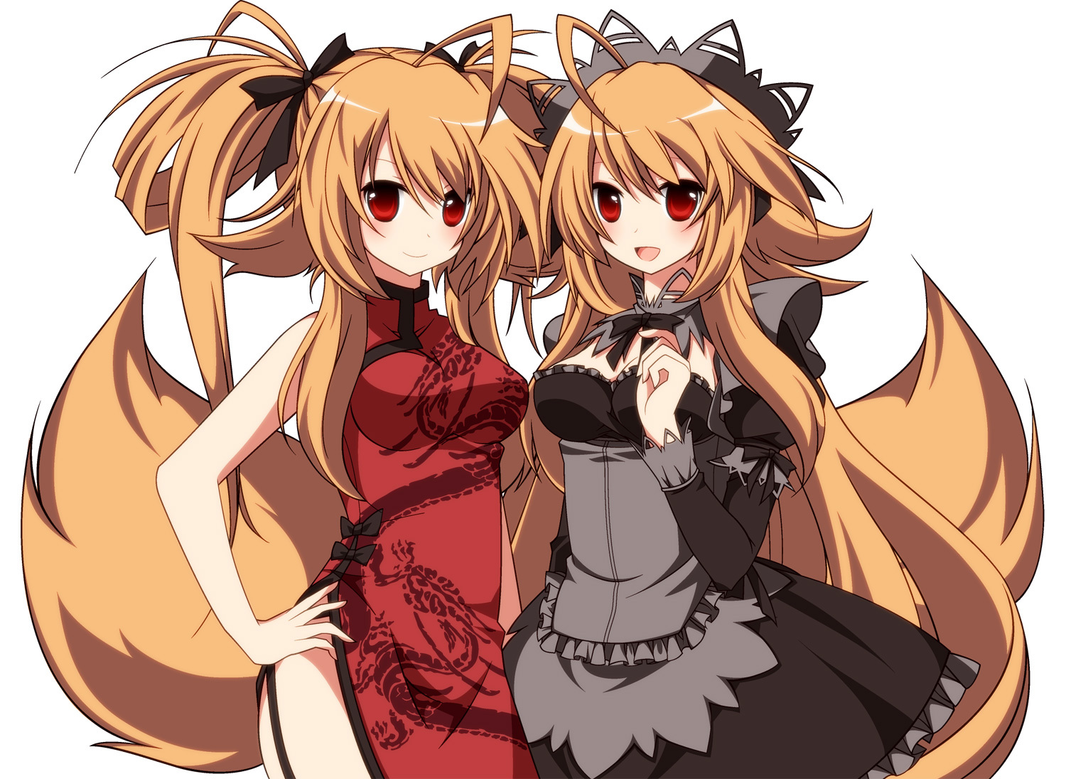2girls, blonde_hair, chinese_clothes, chinese_dress, dress, foxgirl, long_hair, maid, original, red_eyes, ribbons, syno, tail, twins
