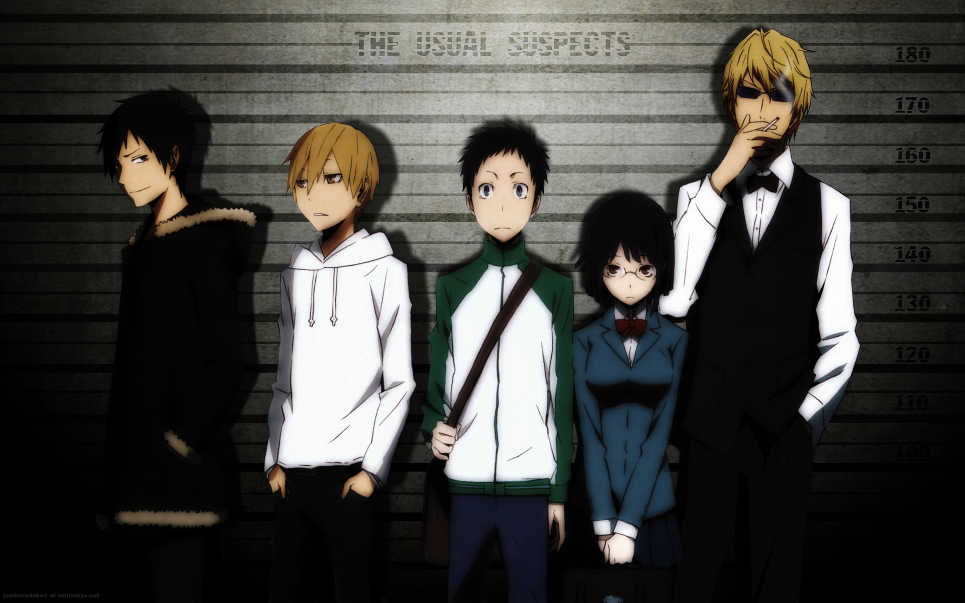 cigarette, durarara!!, glasses, heiwajima_shizuo, kida_masaomi, orihara_izaya, ryuugamine_mikado, sonohara_anri, sunglasses