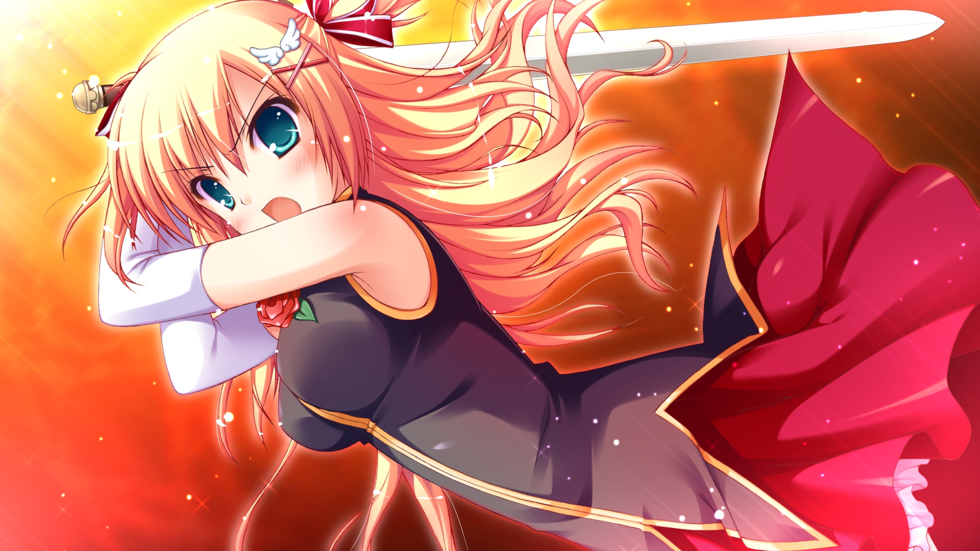 aqua_eyes, blonde_hair, elbow_gloves, game_cg, gloves, iro_ni_ide_ni_keri_waga_koi_wa, narumi_yuu, sword, tenjo_rio, weapon, windmill_(company)