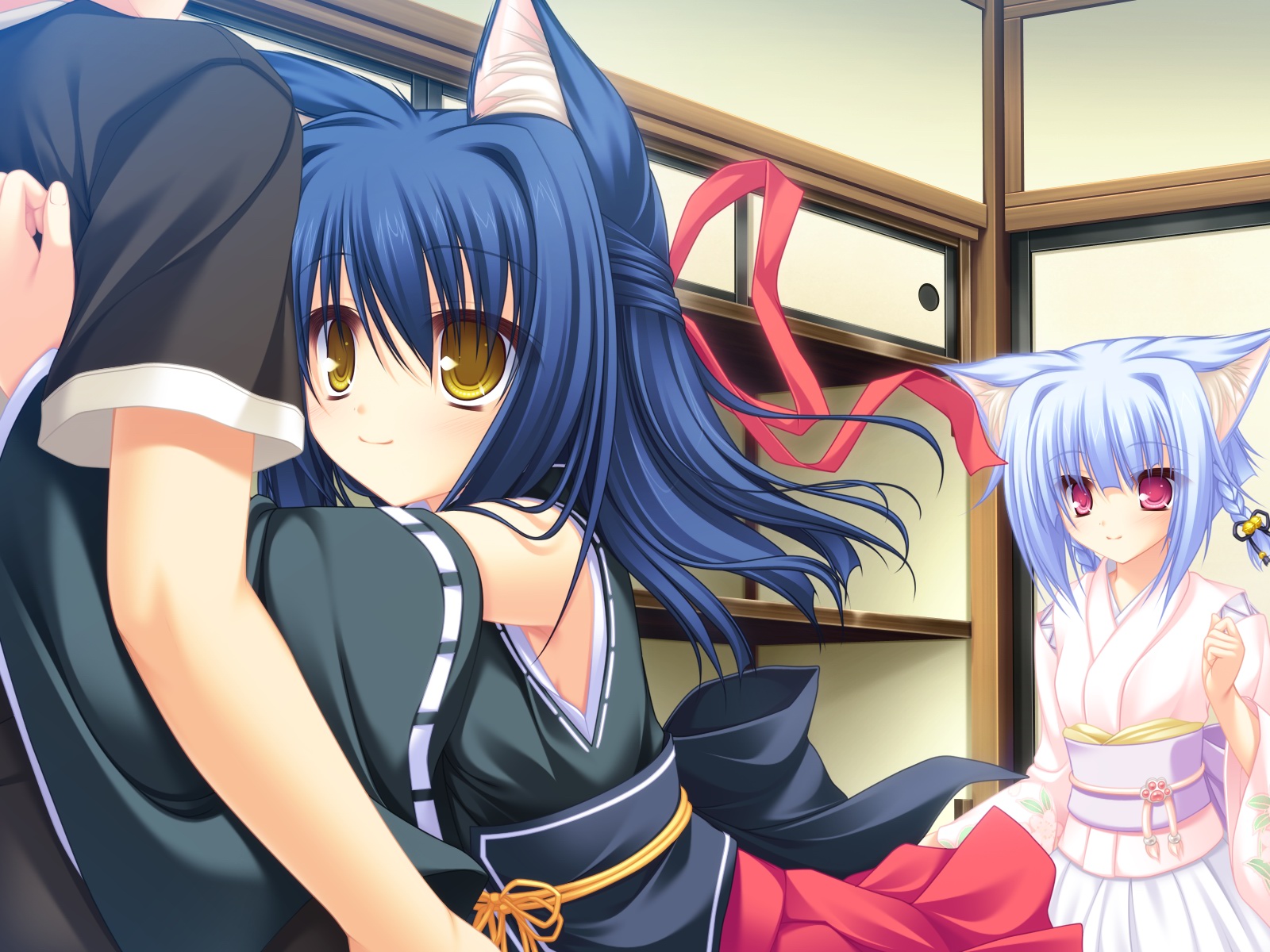 animal_ears, bell, blue_hair, bow, catgirl, game_cg, hug, japanese_clothes