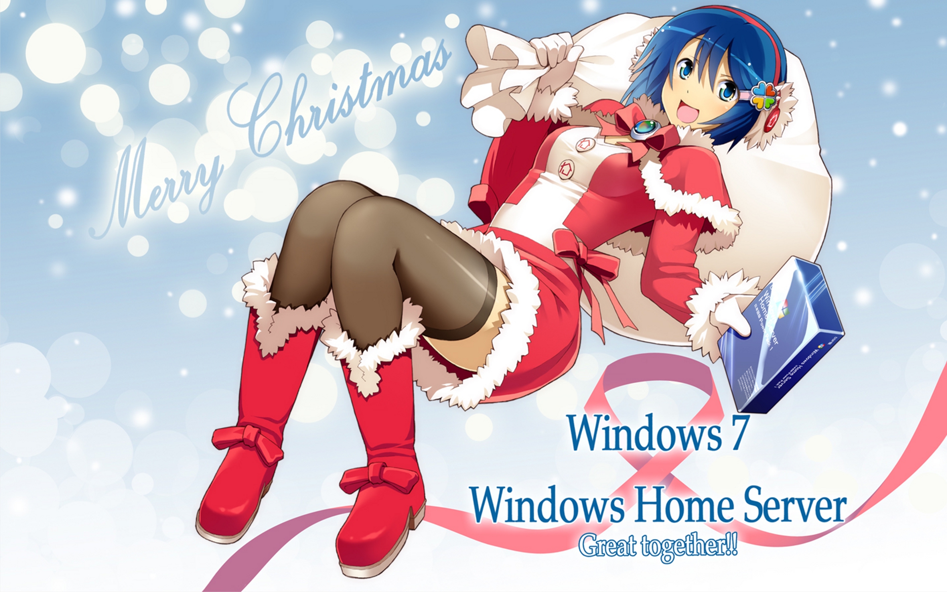blue_eyes, blue_hair, boots, christmas, earmuffs, headphones, madobe_nanami, microsoft