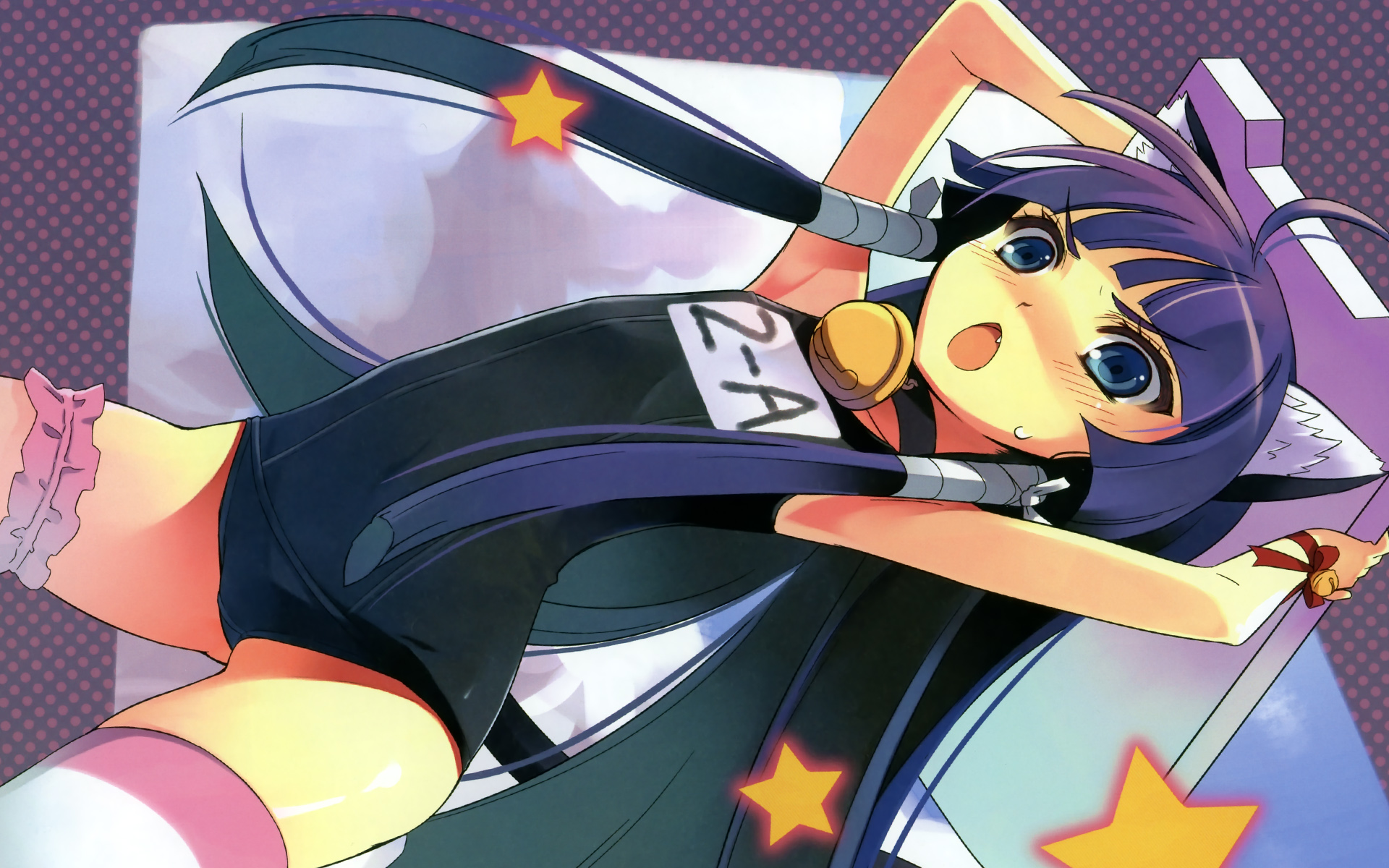 animal_ears, bell, black_hair, blue_eyes, bow, catgirl, choker, loli, long_hair, osa_(artist), ribbons, school_swimsuit, swimsuit, thighhighs