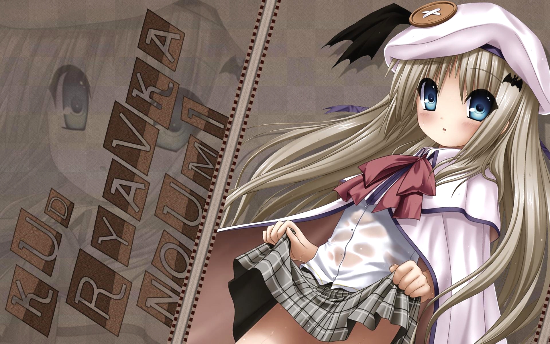 blue_eyes, hat, kud_wafter, noumi_kudryavka, skirt, skirt_lift, wet