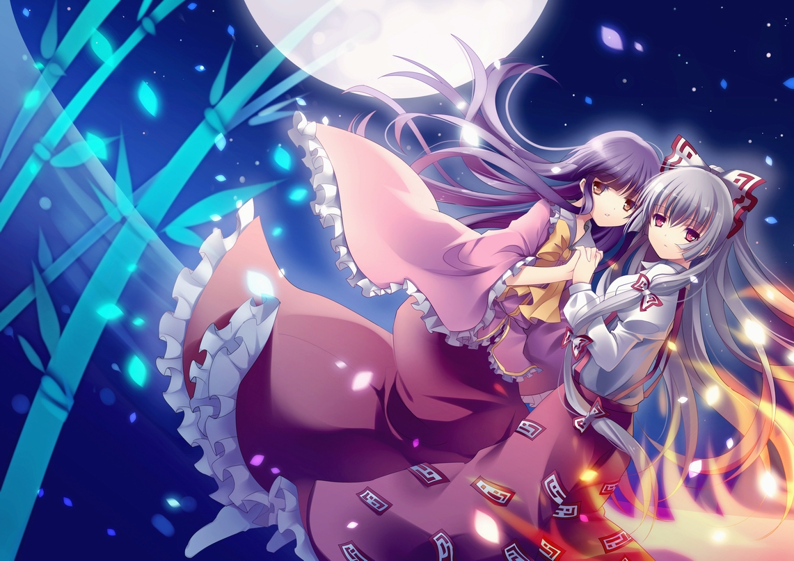 fujiwara_no_mokou, gray_hair, houraisan_kaguya, long_hair, moon, night, purple_hair, ribbons