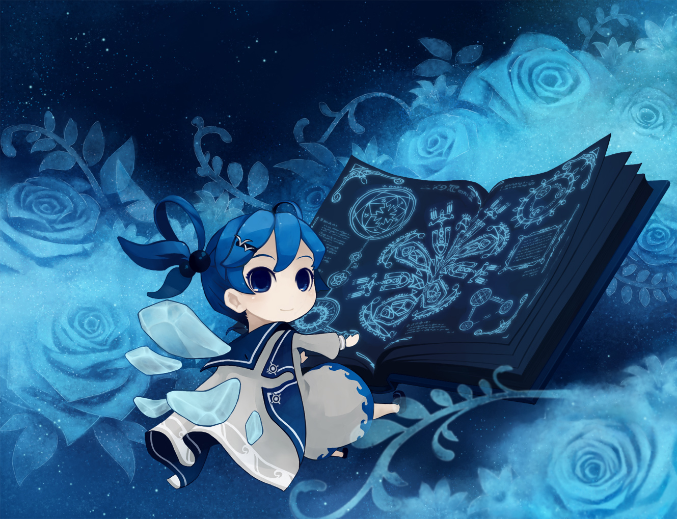 blue, blue_eyes, blue_hair, book, chibi, fairy, flowers, haruno, original, rose, wings