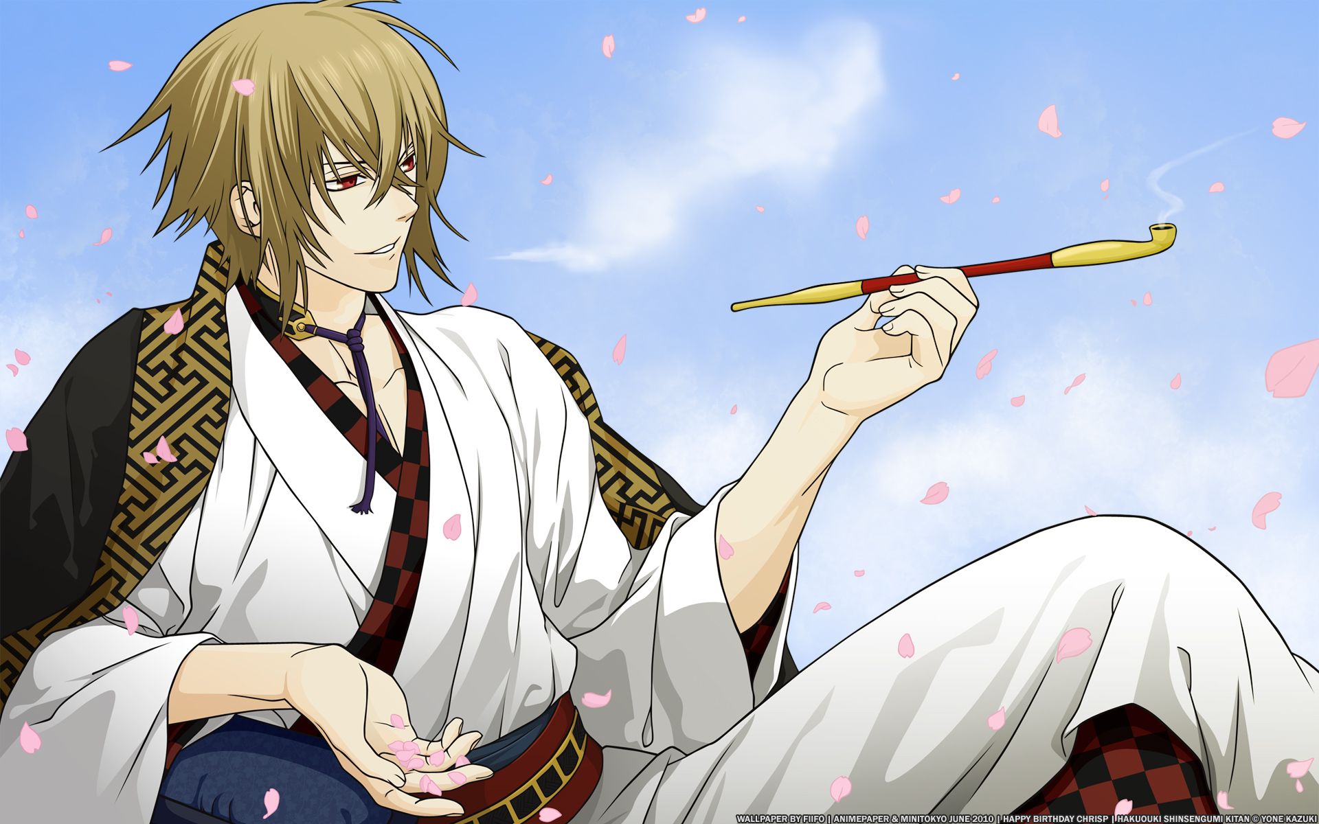 all_male, blonde_hair, hakuouki_shinsengumi_kitan, japanese_clothes, kazama_chikage, kimono, male, petals