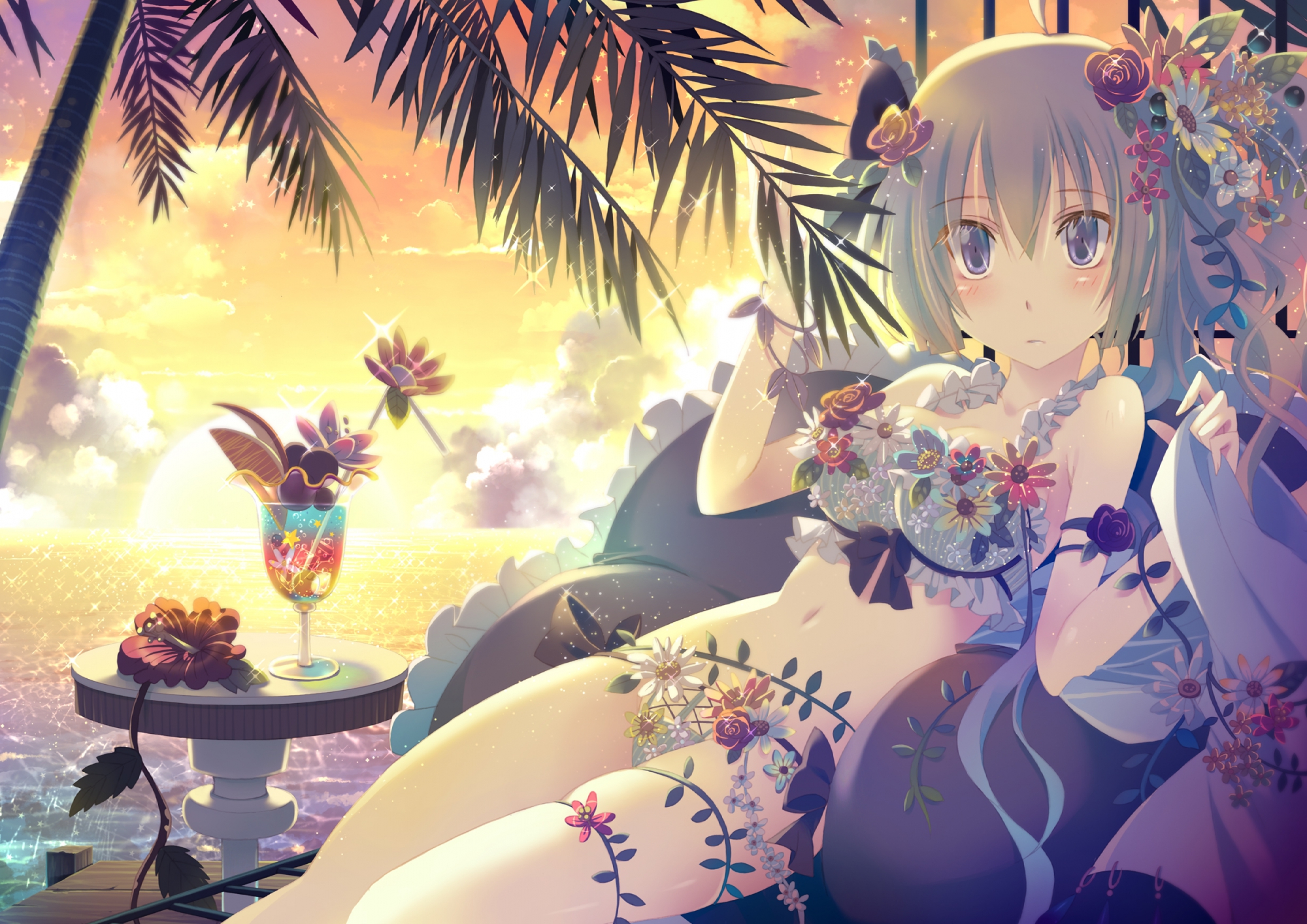 bikini, blue_eyes, clouds, drink, flowers, original, swimsuit, yamadori_yoshitomo