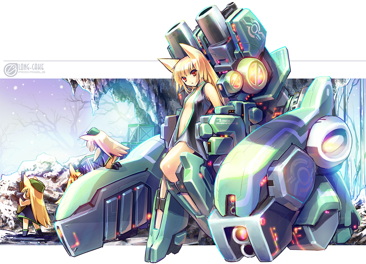 animal_ears, chibi, ein_(artist), gun, hat, mecha, mechagirl, original, techgirl, weapon