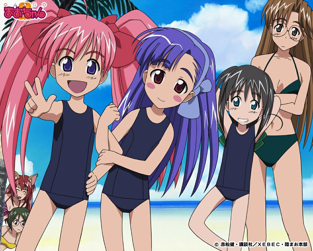 animal_ears, beach, bikini, black_hair, brown_hair, catgirl, flat_chest, glasses, green_hair, loli, maruyama_silvia, mishima_kagome, noki_chinami, onigawara_mao, oozora_yuriko, pink_hair, red_hair, rikujou_bouei-tai_mao-chan, school_swimsuit, swimsuit, tsukishima_misora, twintails, yanagisawa_masahide