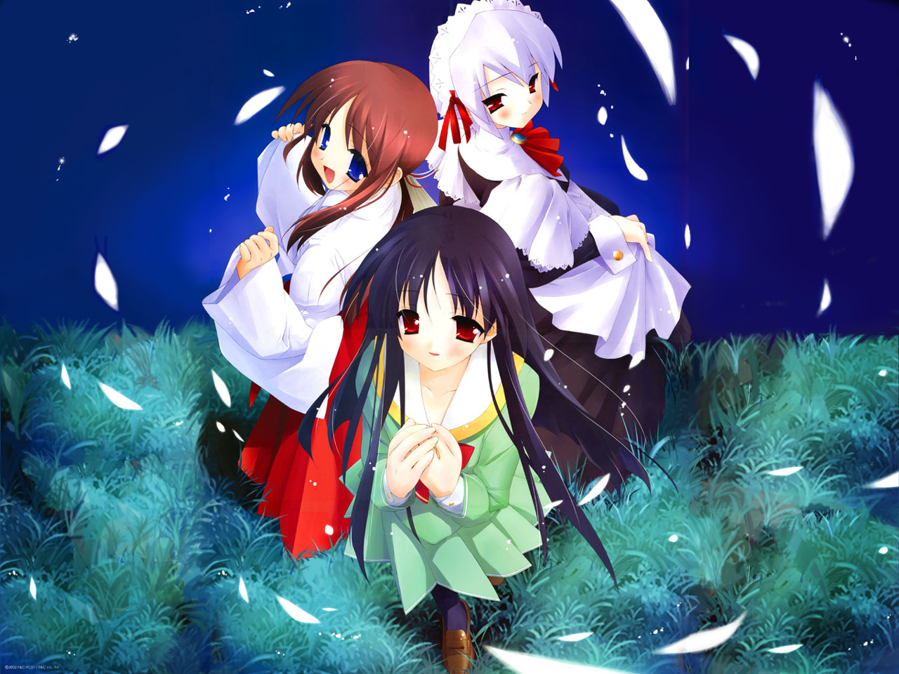 japanese_clothes, kotonomiya_yuki, maid, makino_nanami, miko, miyashiro_karin, petals, suigetsu