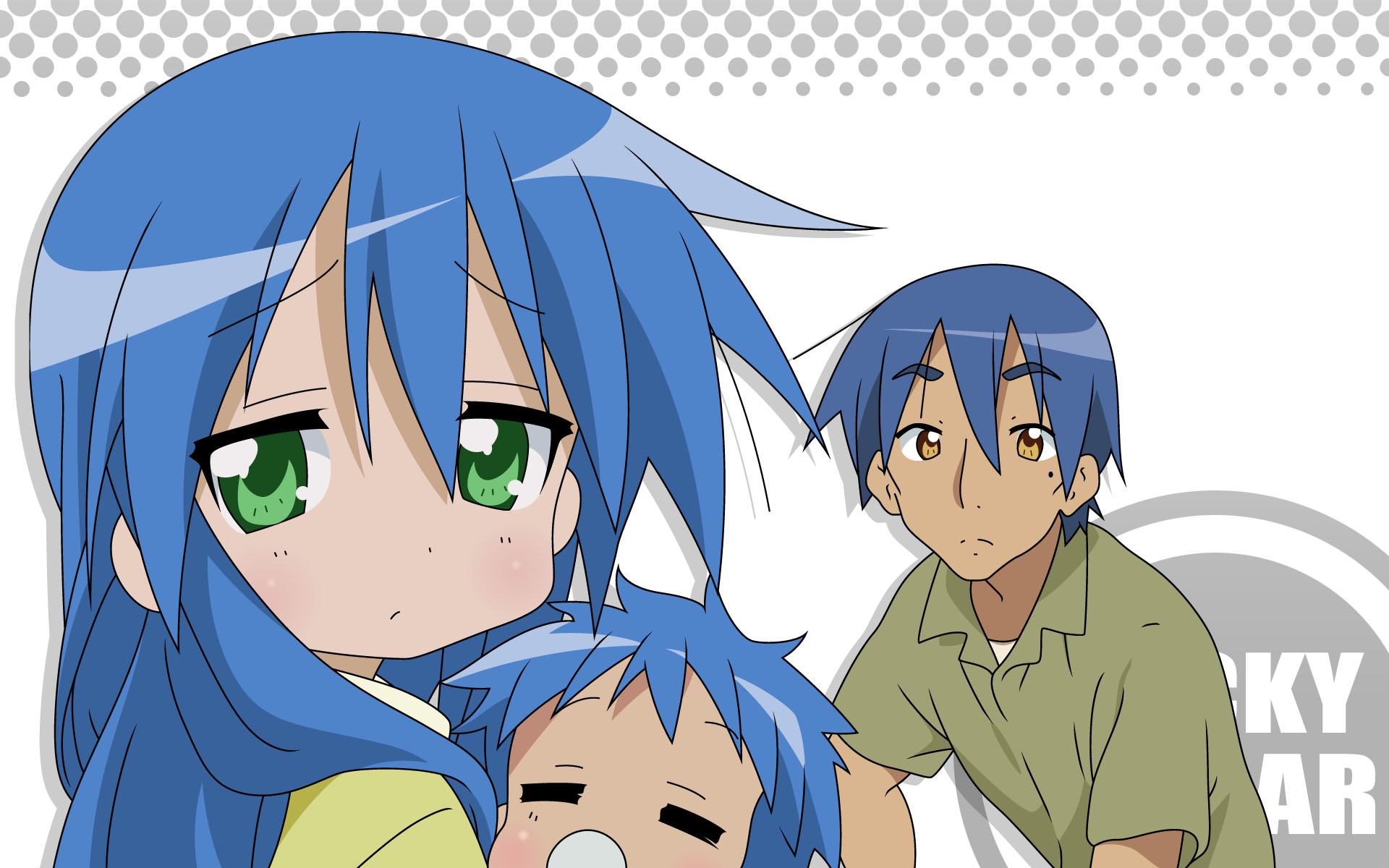 blue_hair, green_eyes, izumi_kanata, izumi_konata, izumi_soujirou, lucky_star