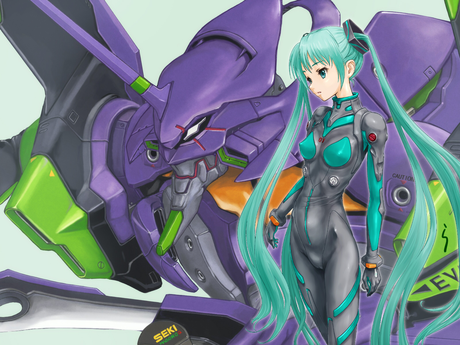 bodysuit, crossover, hatsune_miku, neon_genesis_evangelion, rasukaru, skintight, twintails, vocaloid