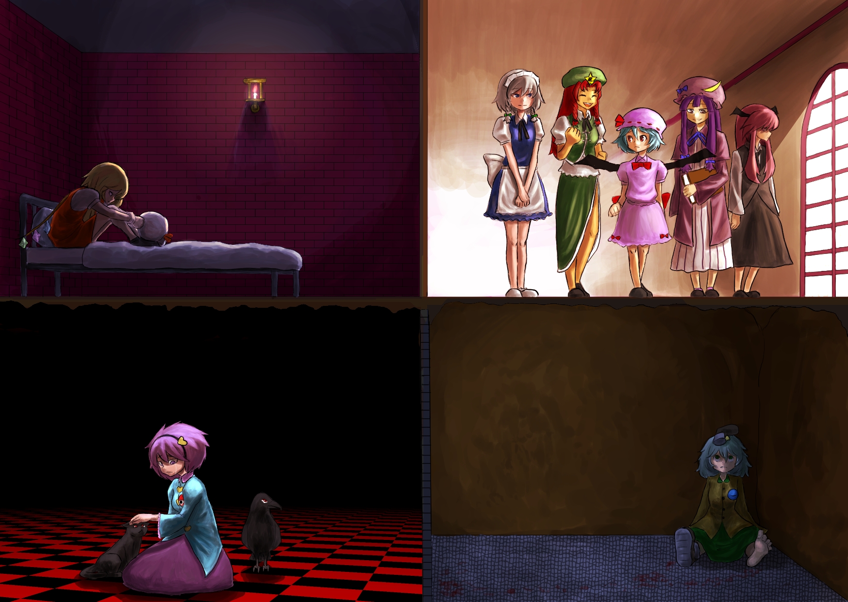 animal, bukimi_isan, cat, demon, flandre_scarlet, group, hong_meiling, izayoi_sakuya