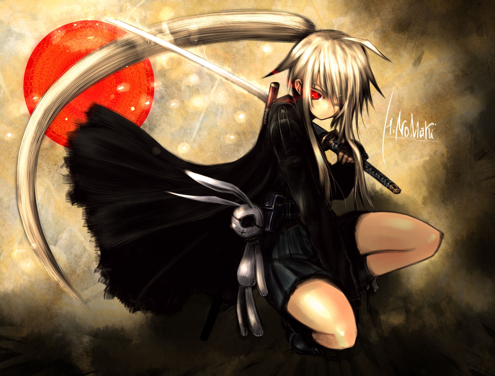 blonde_hair, hinomaru_(kotoba), katana, kotoba_noriaki, long_hair, original, red_eyes, sword, weapon