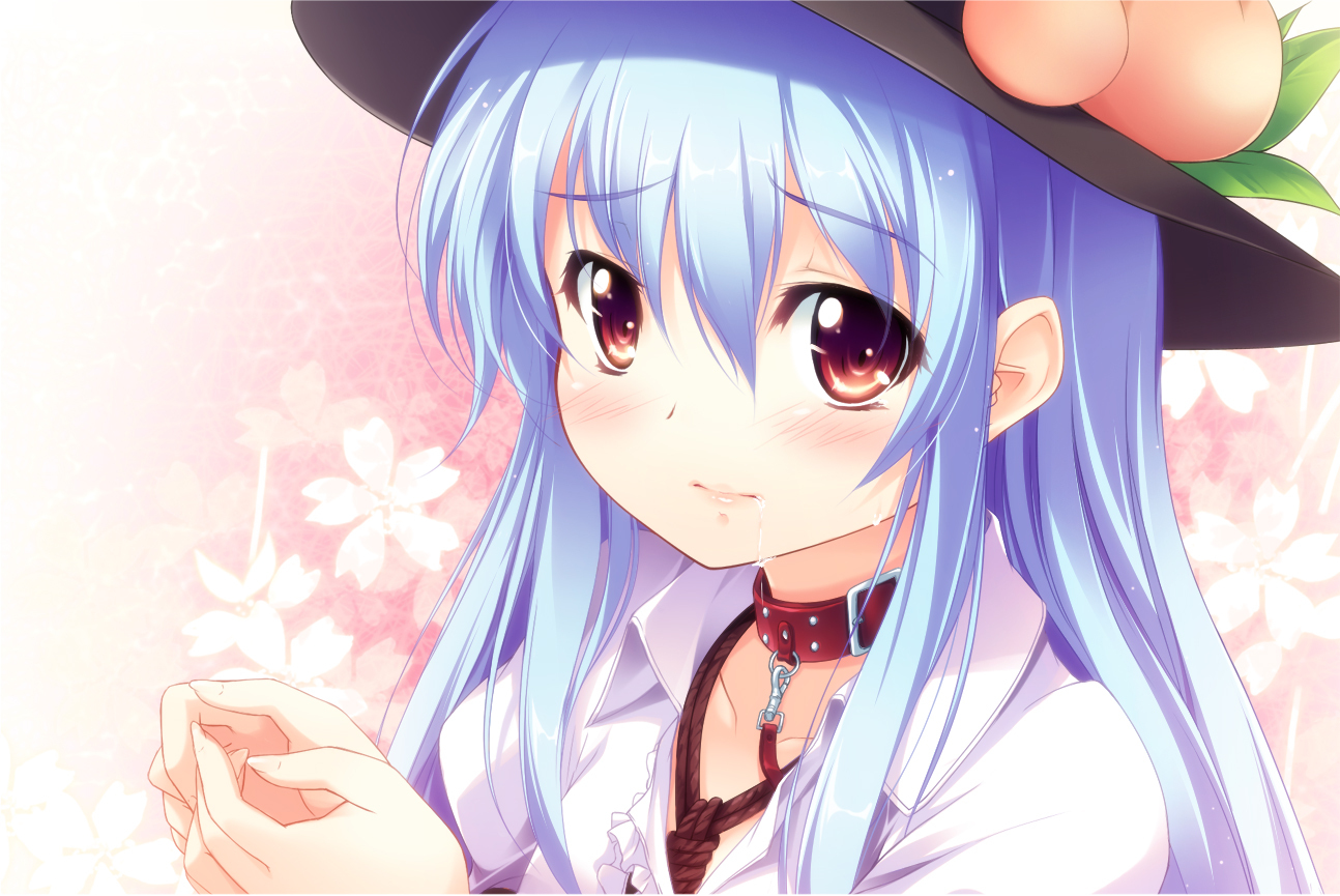 blue_hair, blush, cherry_blossoms, flowers, hat, hinanawi_tenshi, kazakura, long_hair