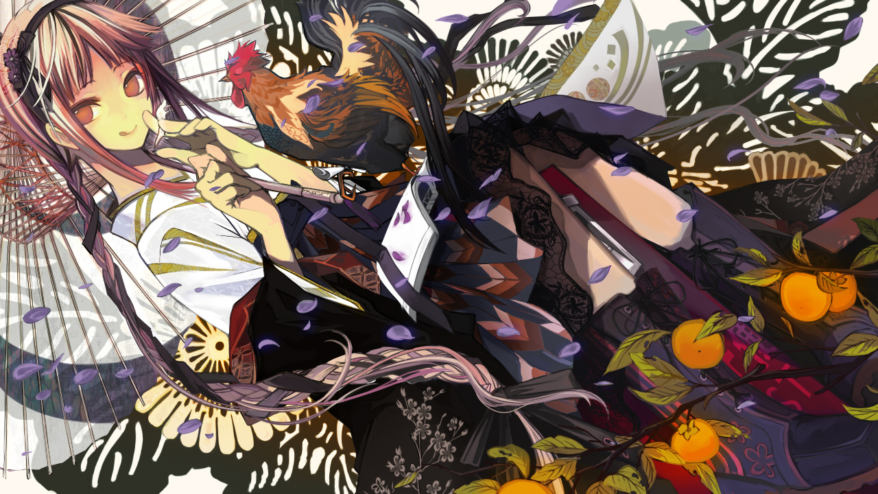 amano_tooko, animal, bungaku_shoujo, japanese_clothes, petals, ukai_saki, umbrella