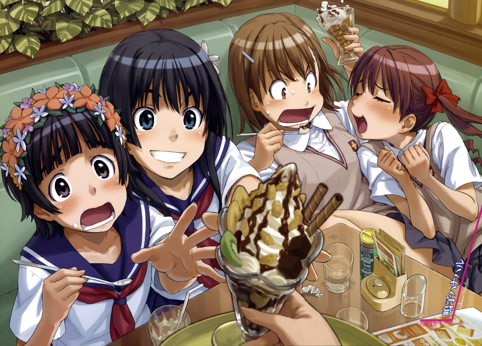 black_eyes, black_hair, blue_eyes, blush, bow, brown_eyes, brown_hair, drink