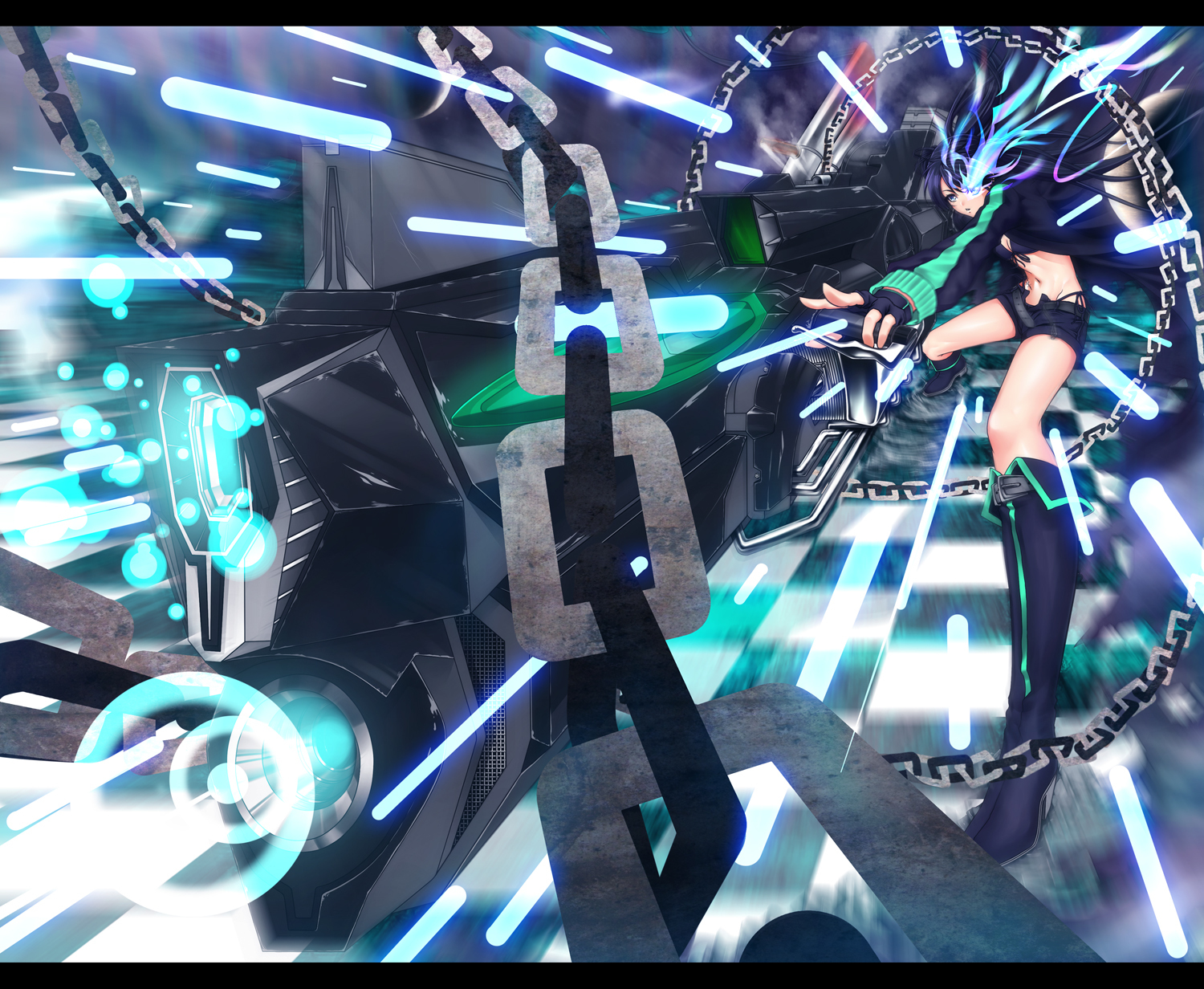 black_rock_shooter, chain, gun, kuroi_mato, weapon, zucchini