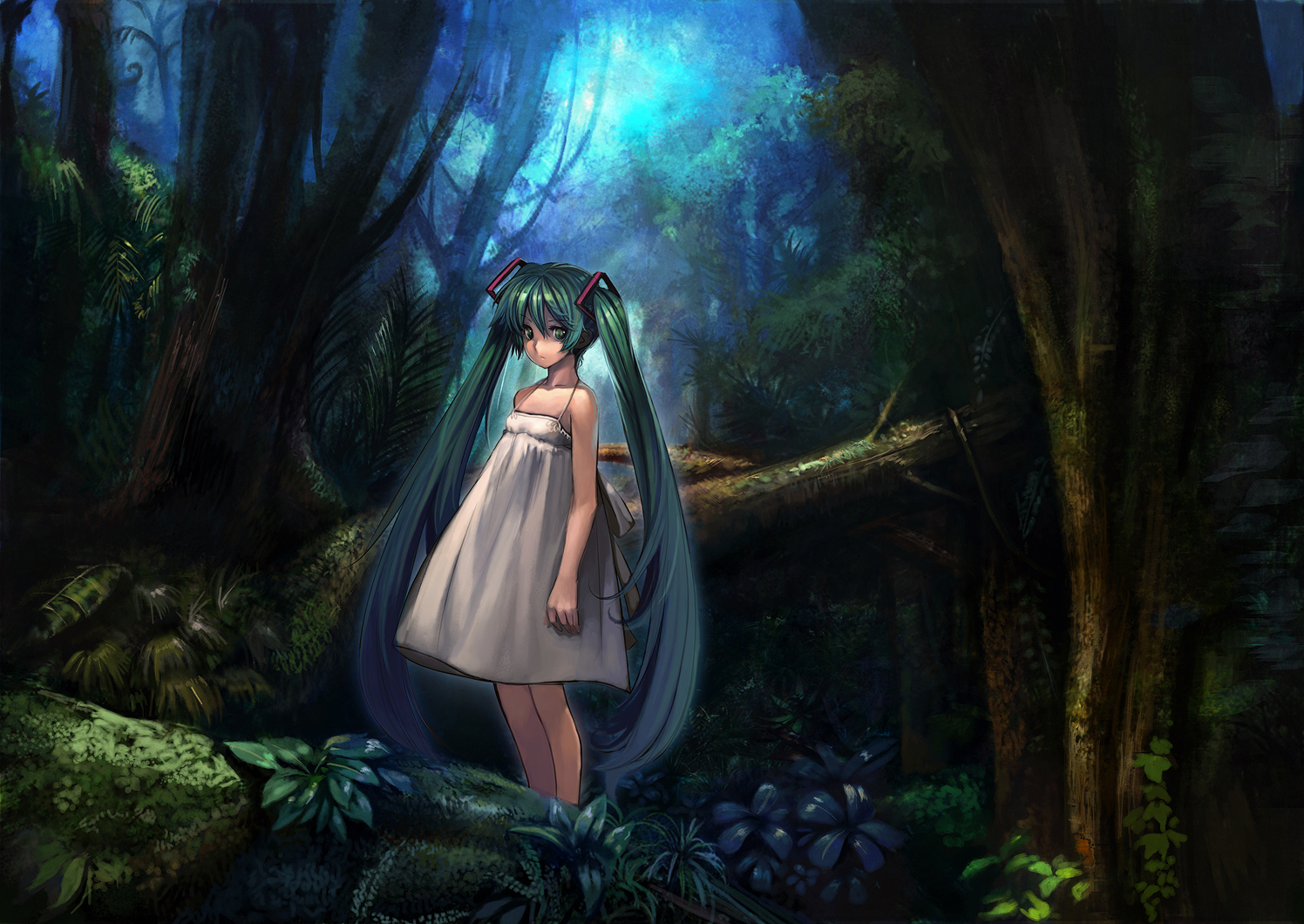 dark, dress, forest, hatsune_miku, oneko, tree, twintails, vocaloid