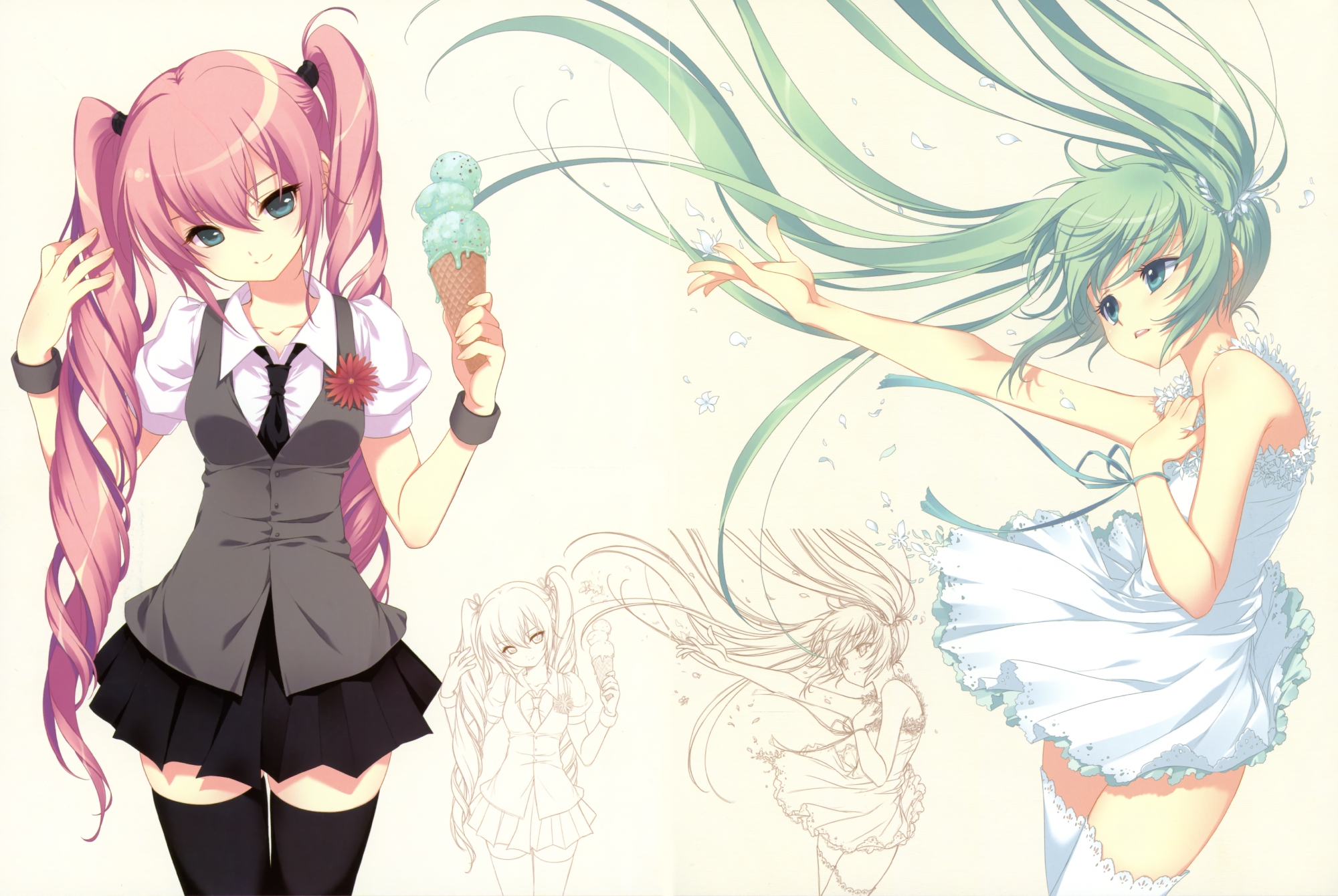 cropped, dmyo, dress, food, hatsune_miku, ice_cream, megurine_luka, scan