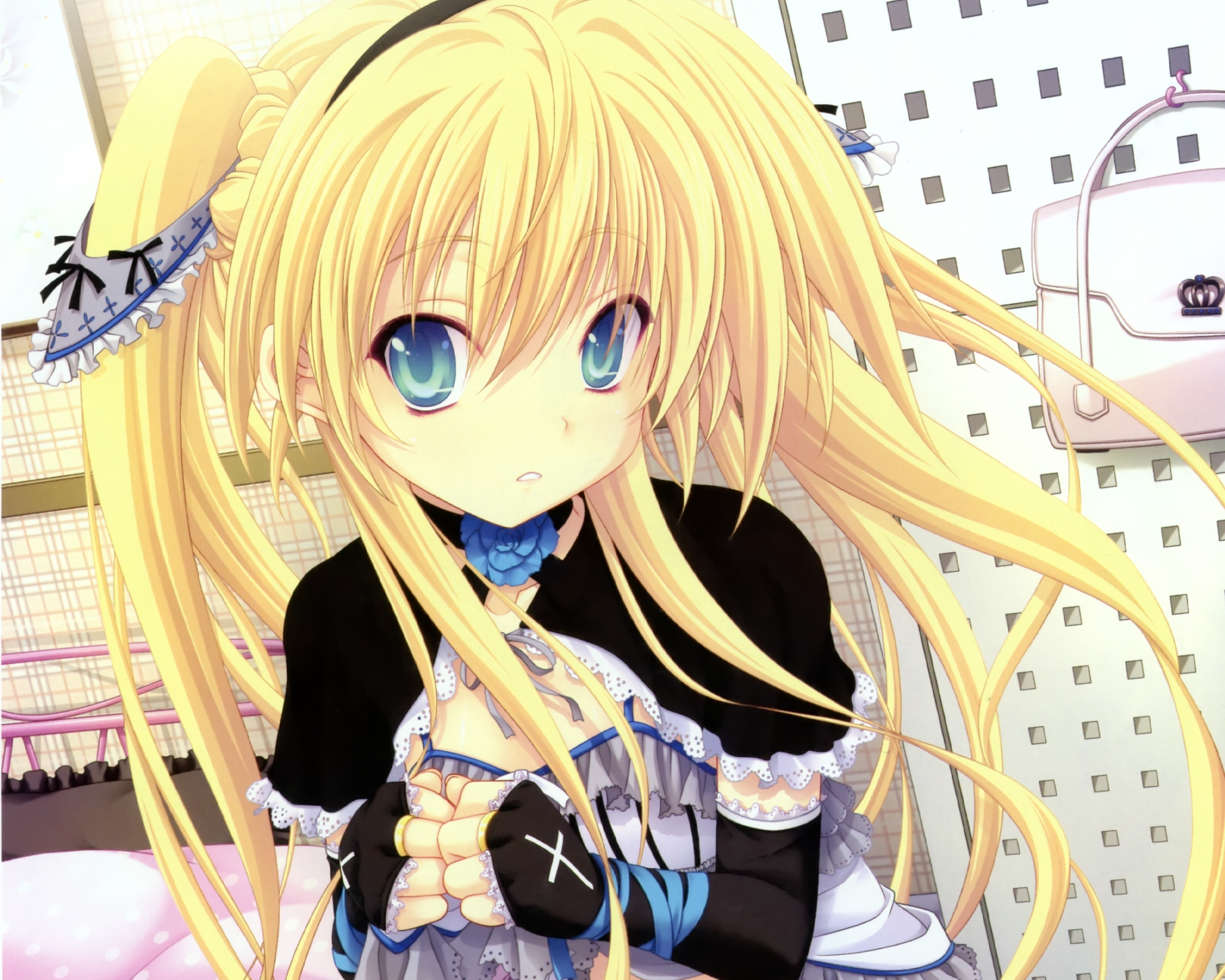 blonde_hair, blue_eyes, cropped, miyama-zero, original, scan, tagme, twintails
