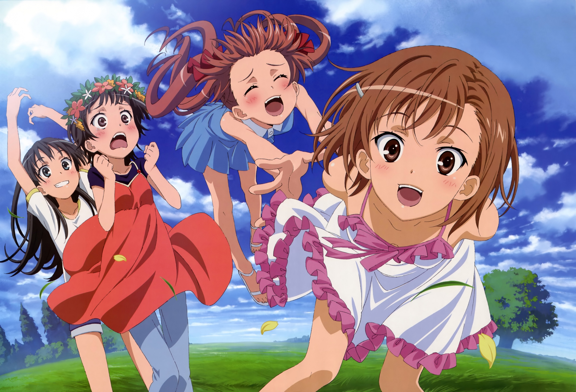 black_hair, blue_eyes, blush, bow, brown_eyes, brown_hair, clouds, dress