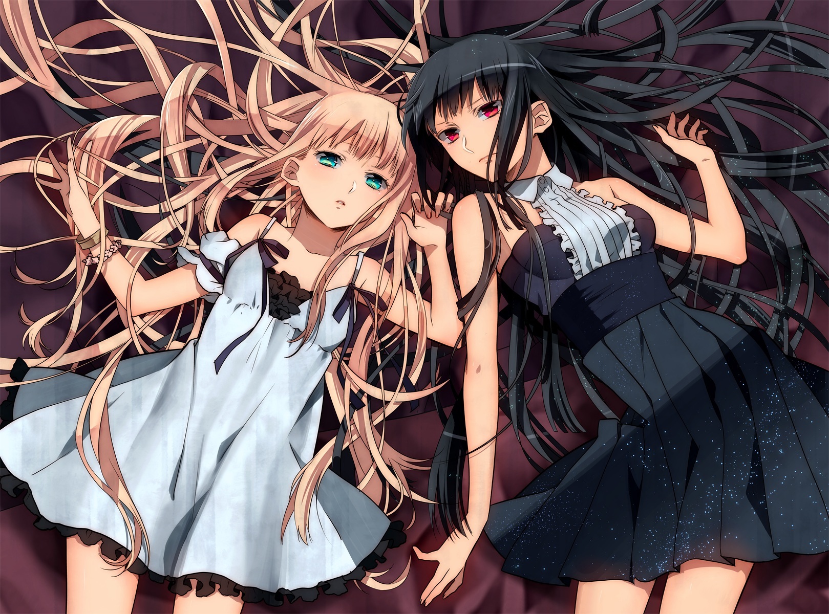 2girls, black_hair, blonde_hair, blue_eyes, dress, long_hair, murakami_yuzu, original